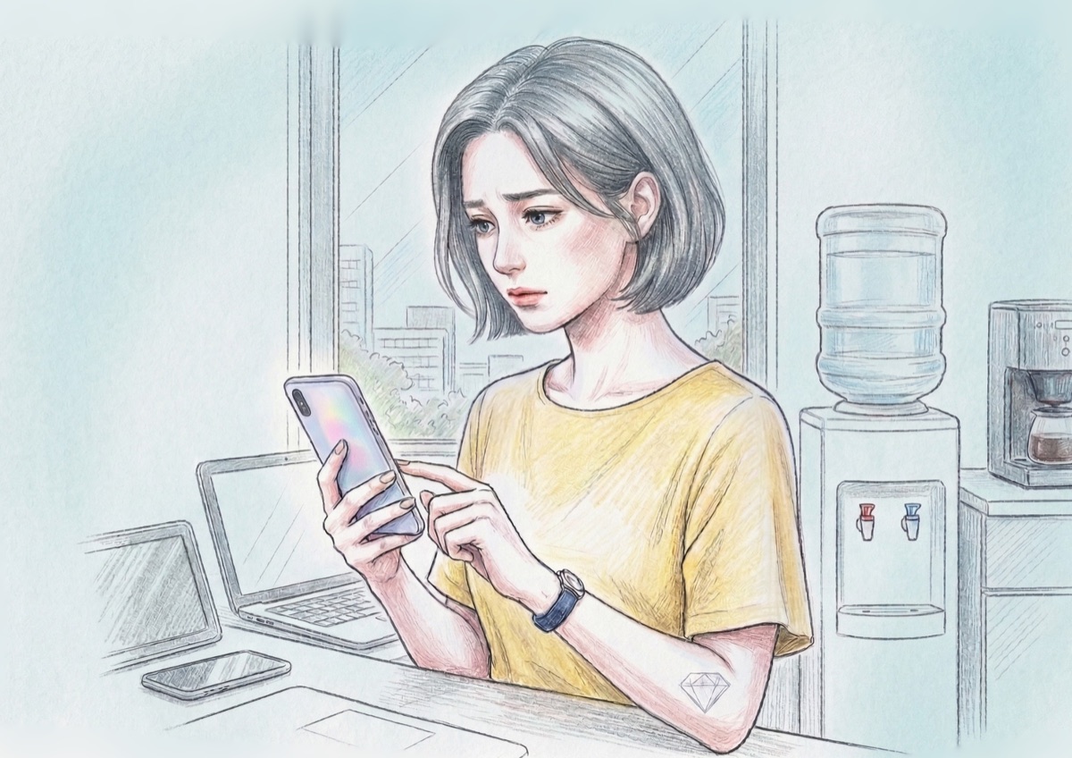不安そうな表情でスマートフォンを見つめる女性のイラスト